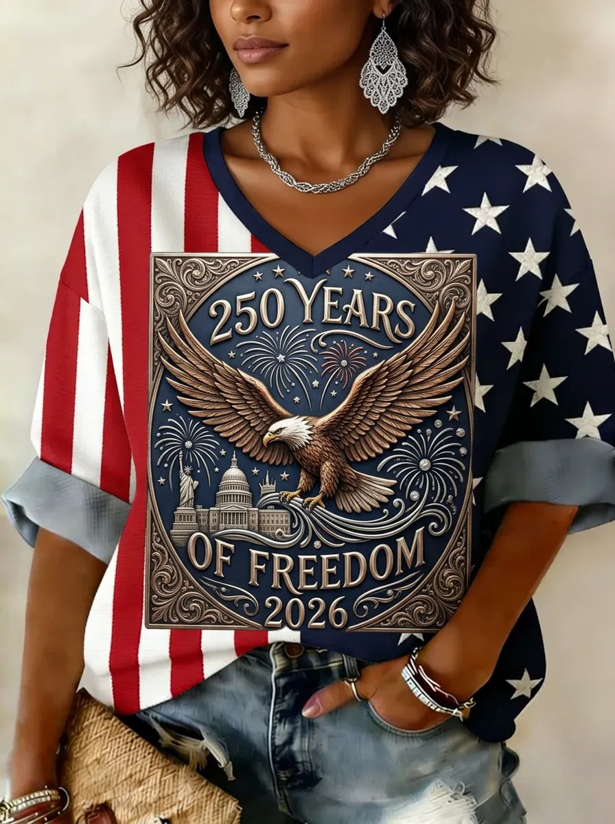 Women's USA Patriotic Eagle 250 Years Freedom 2026 Printed V-neck top