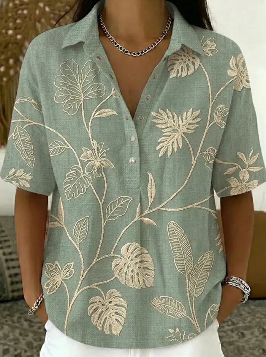 Women's Nashville Botanical Tropical Leaf Printed Polo Shirt