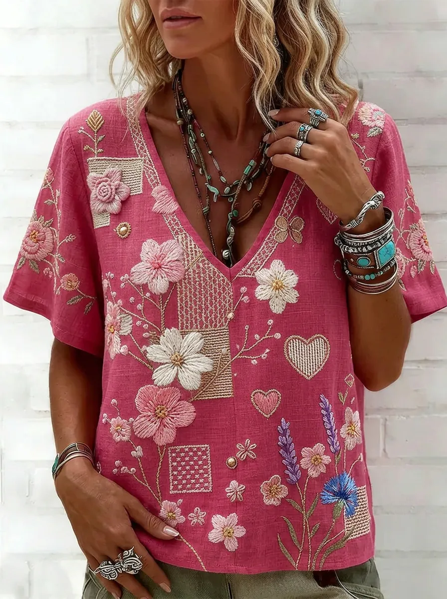 Women's Nashville Floral Heart Embroidered Printed Top