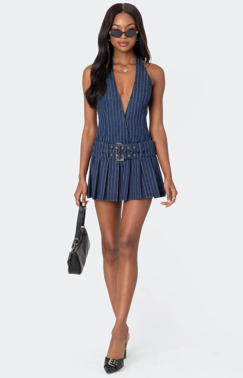 Edikted Belted Pinstripe Denim Mini Dress