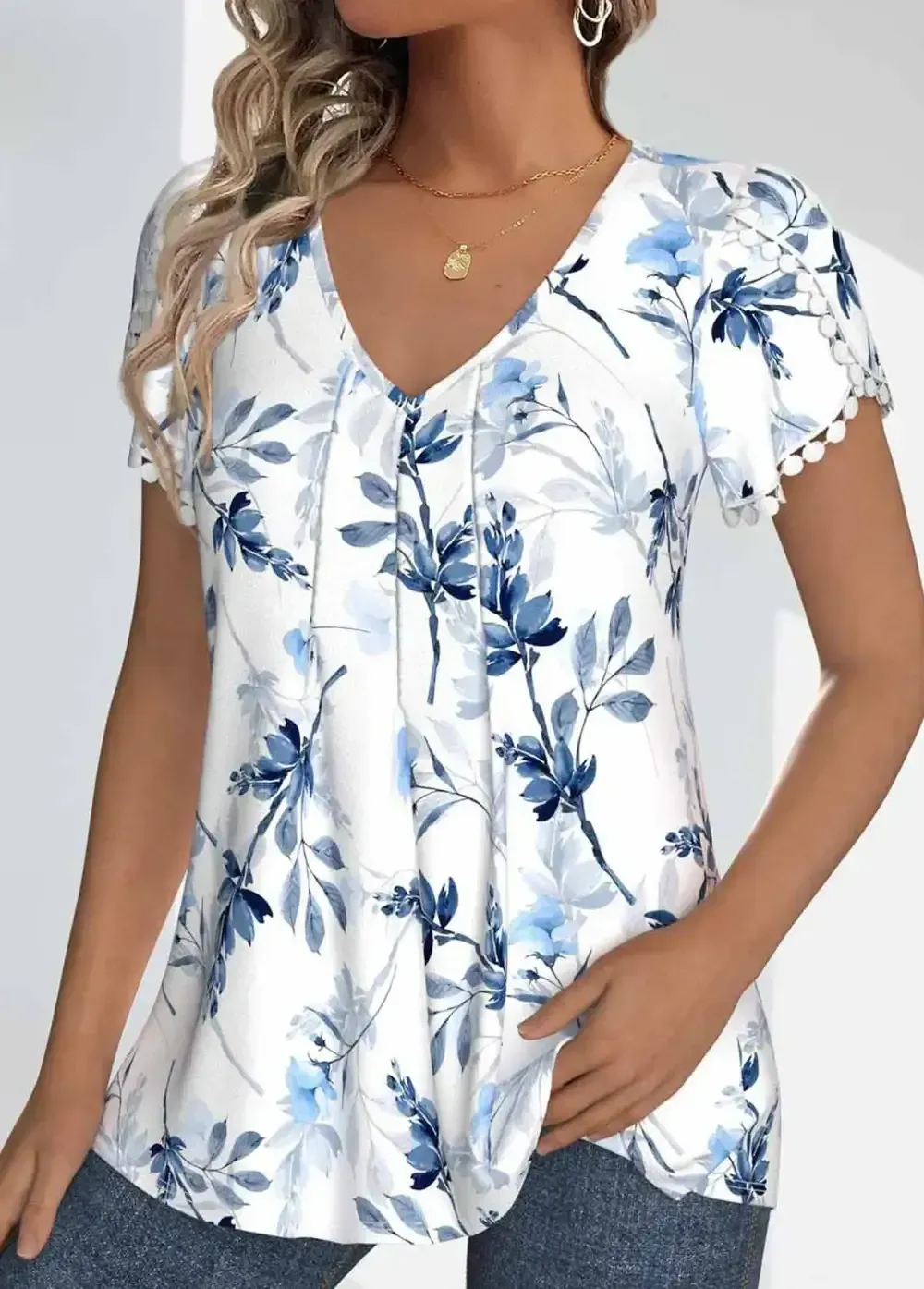 White Tuck Stitch Floral Print Short Sleeve T Shirt