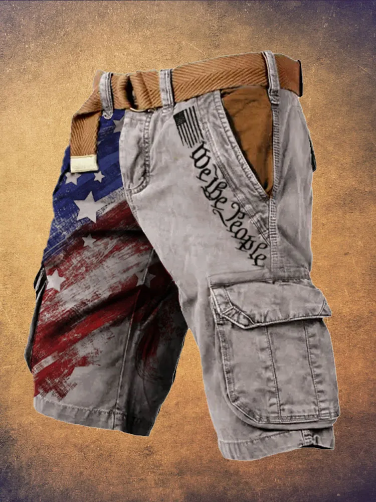 Men's Vintage Flag Independence Day We the People Print Cargo Shorts