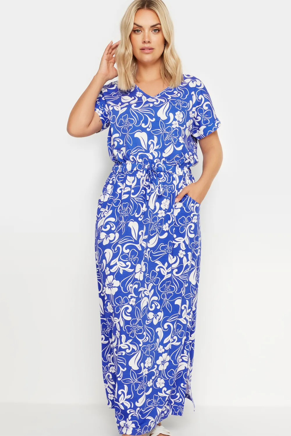 YOURS Curve Blue Floral Print Tie Waist Maxi Dress