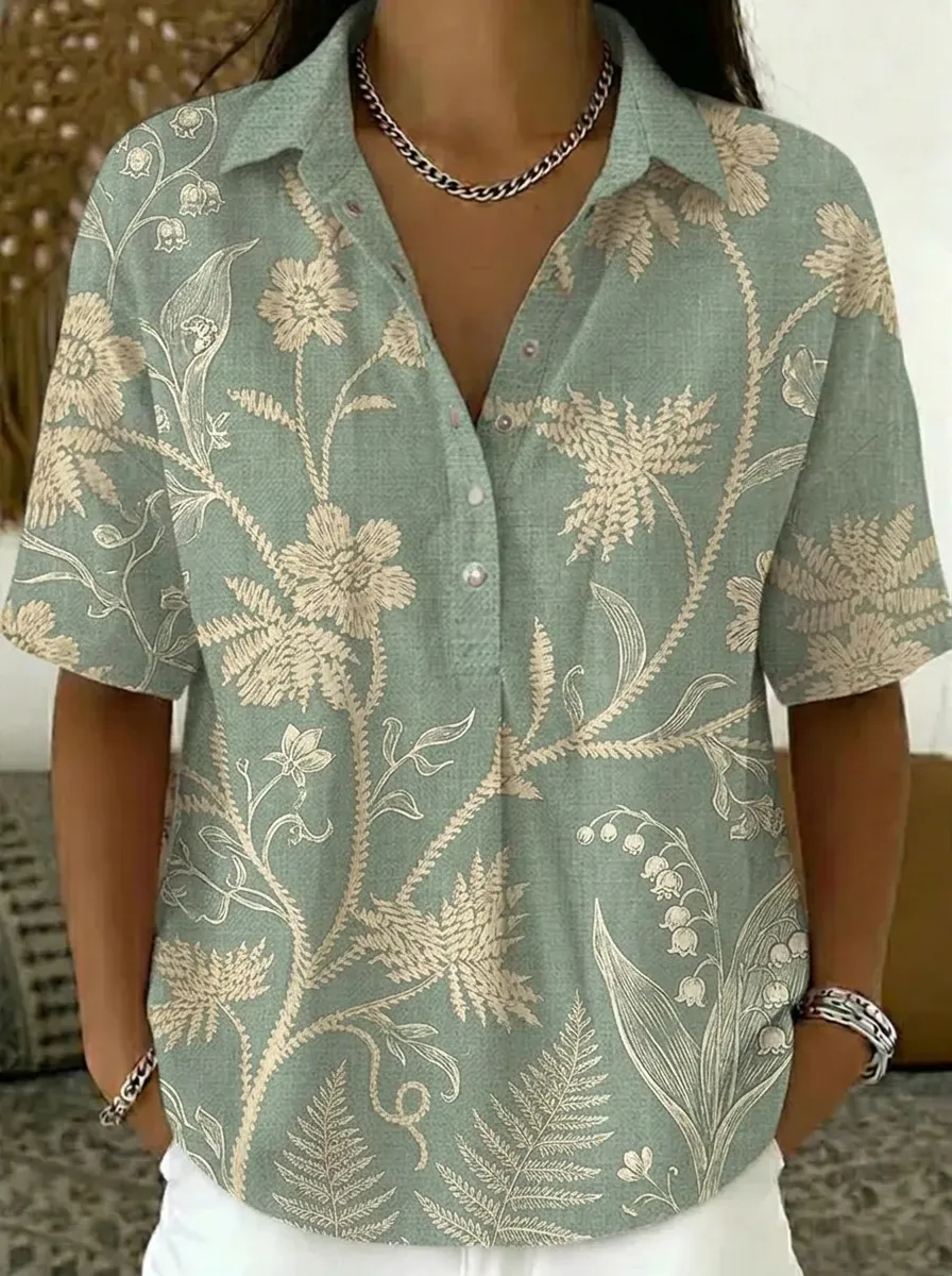 Women's Nashville Botanical Floral Printed V-Neck Shirt
