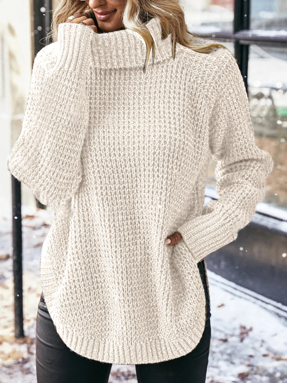 Turtleneck Drop Shoulder Cotton Knit Sweater