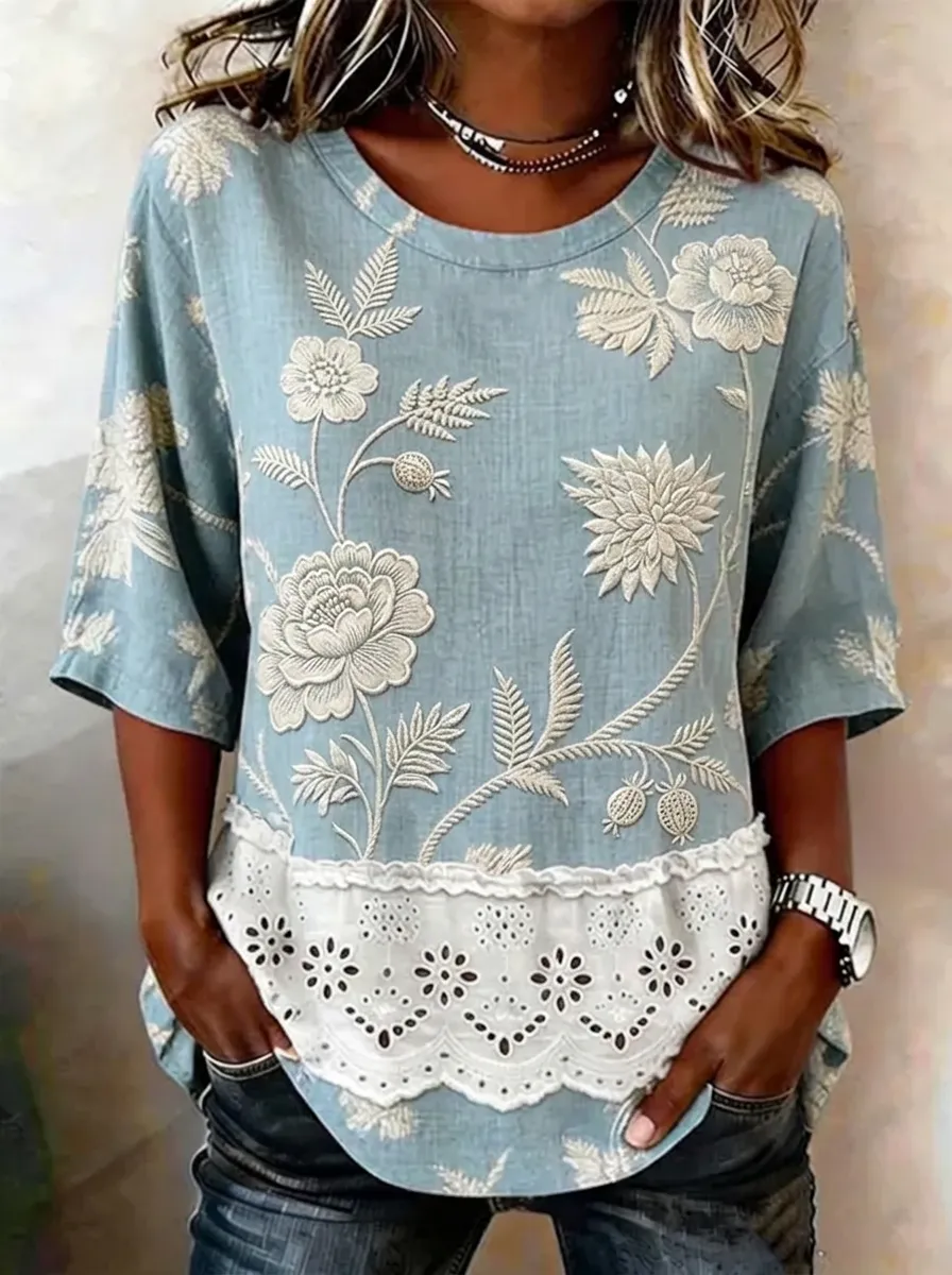 Women's Nashville Floral Embroidery Lace Trim Printed Top