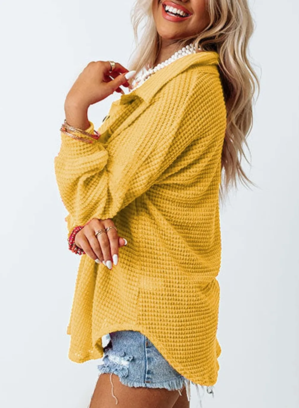 Womens Waffle Knit Button Down Shirts Casual Long Sleeve Shacket Jacket Boyfriend Tops Blouses Loose Fit