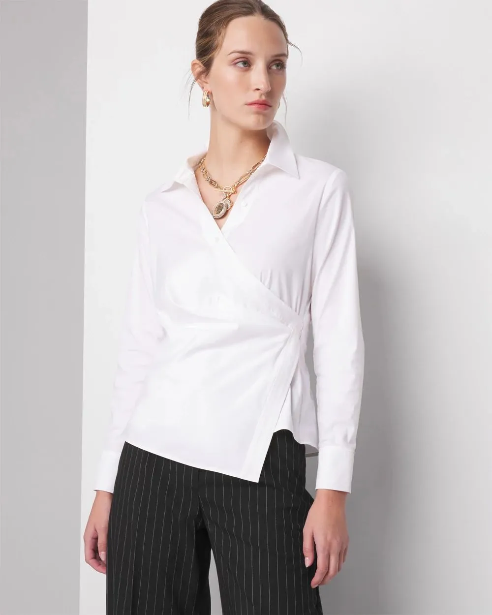 Petite Long Sleeve Surplice Poplin Shirt