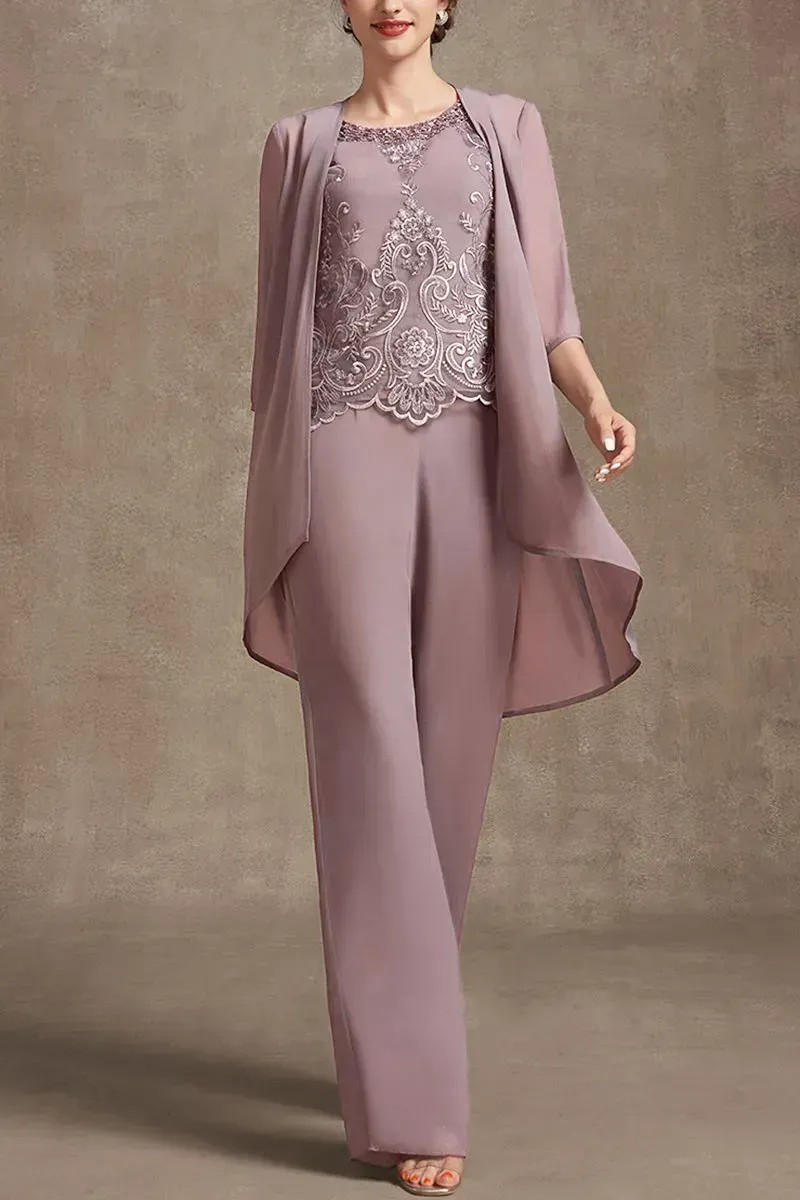 Plus Size Embroidery Chiffon Three Pieces Set Pant Suits