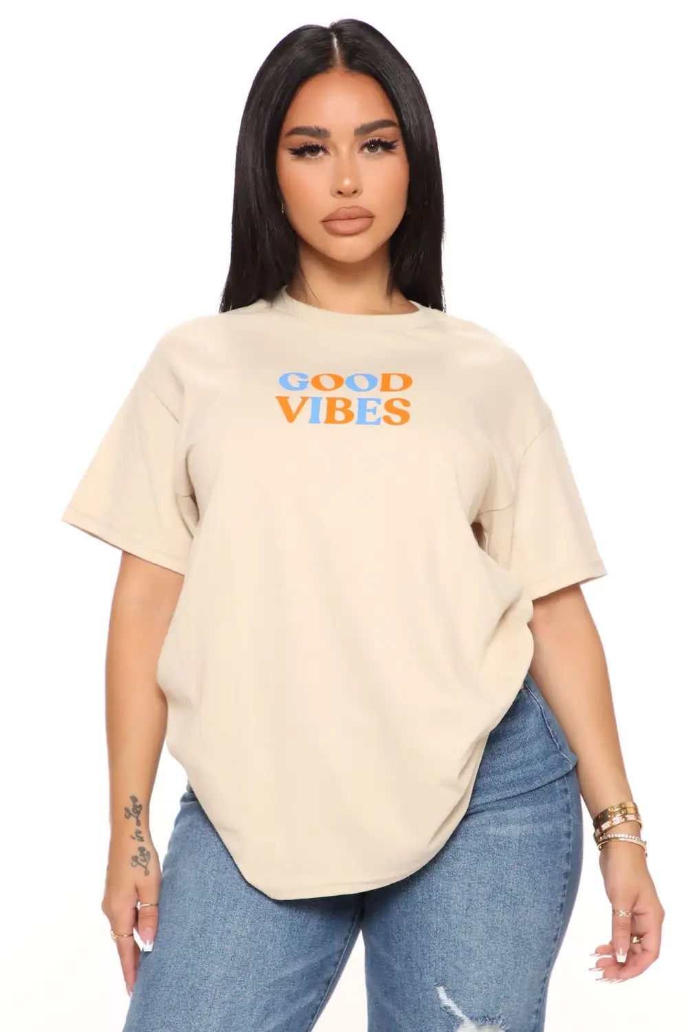 Good Vibes Smiley Face Tee - Nude