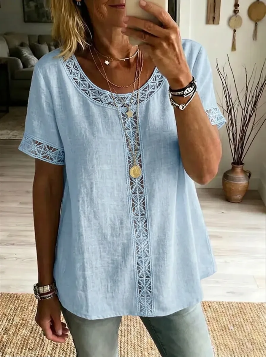 Women's Nashville Country Style Lace Trimmed Printed Top