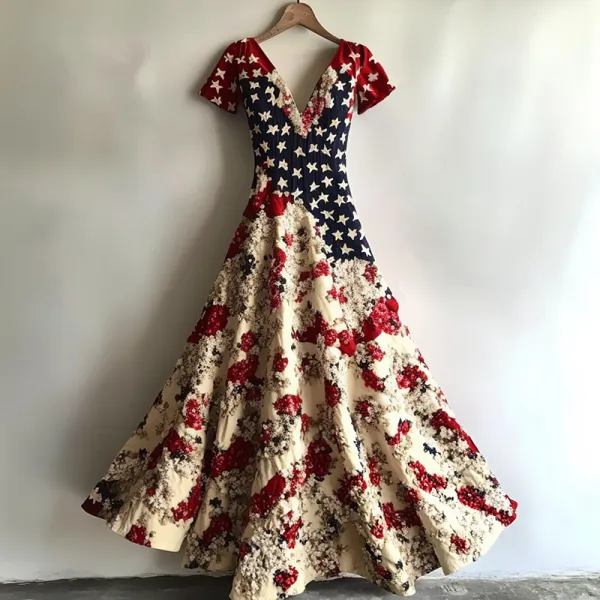 Women's Vintage Independence Day Flag Floral Short Sleeve Dress