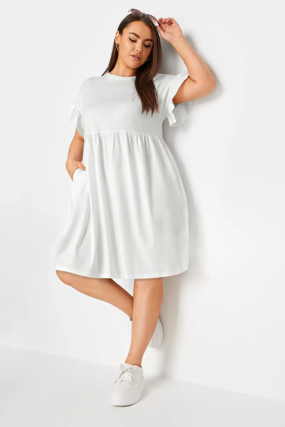 YOURS Curve Black & White Stripe Frill Sleeve Smock Tunic Dress