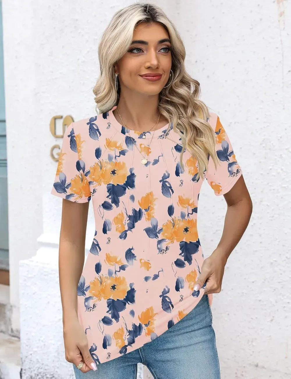 Kistore Womens Casual Crew Neck Short Sleeve Pleated Tops Blouses Fashion Clothes 2024