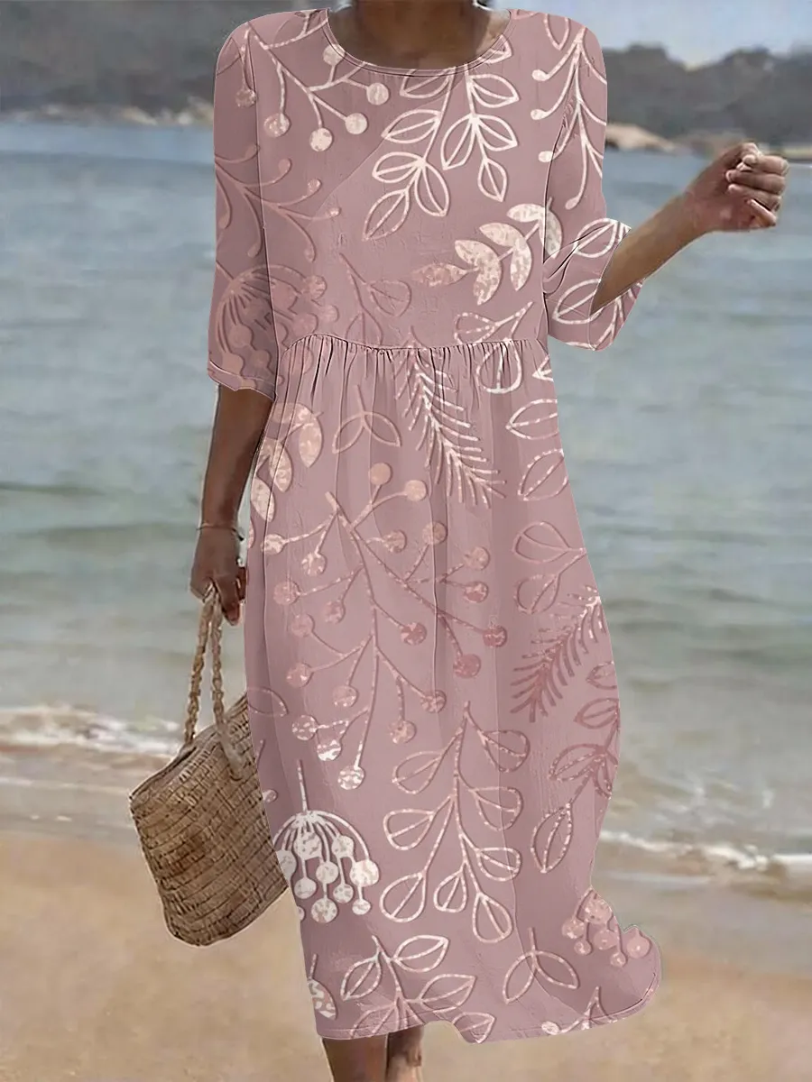 Women's Casual Floral Printed Cotton And Linen Dress