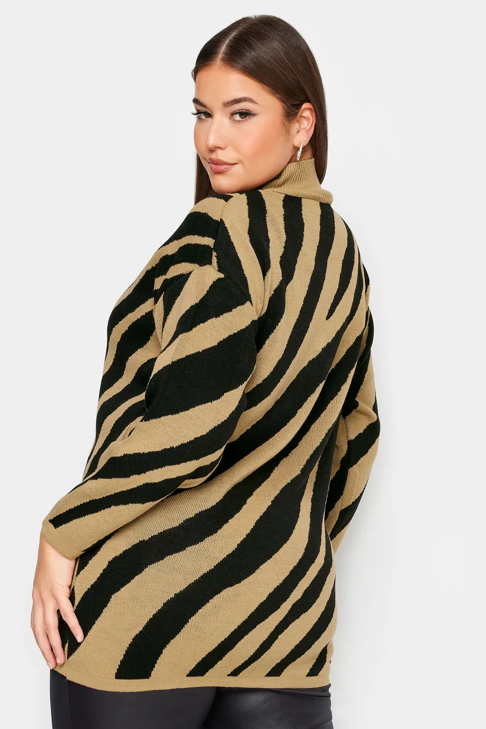 YOURS Curve Beige Brown Zebra Print Turtle Neck Jumper