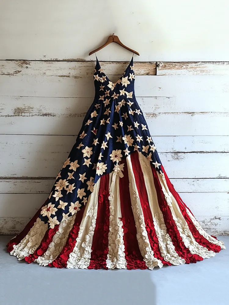 Women's Vintage Independence Day Flag Flowers Art Linen Slip Dress