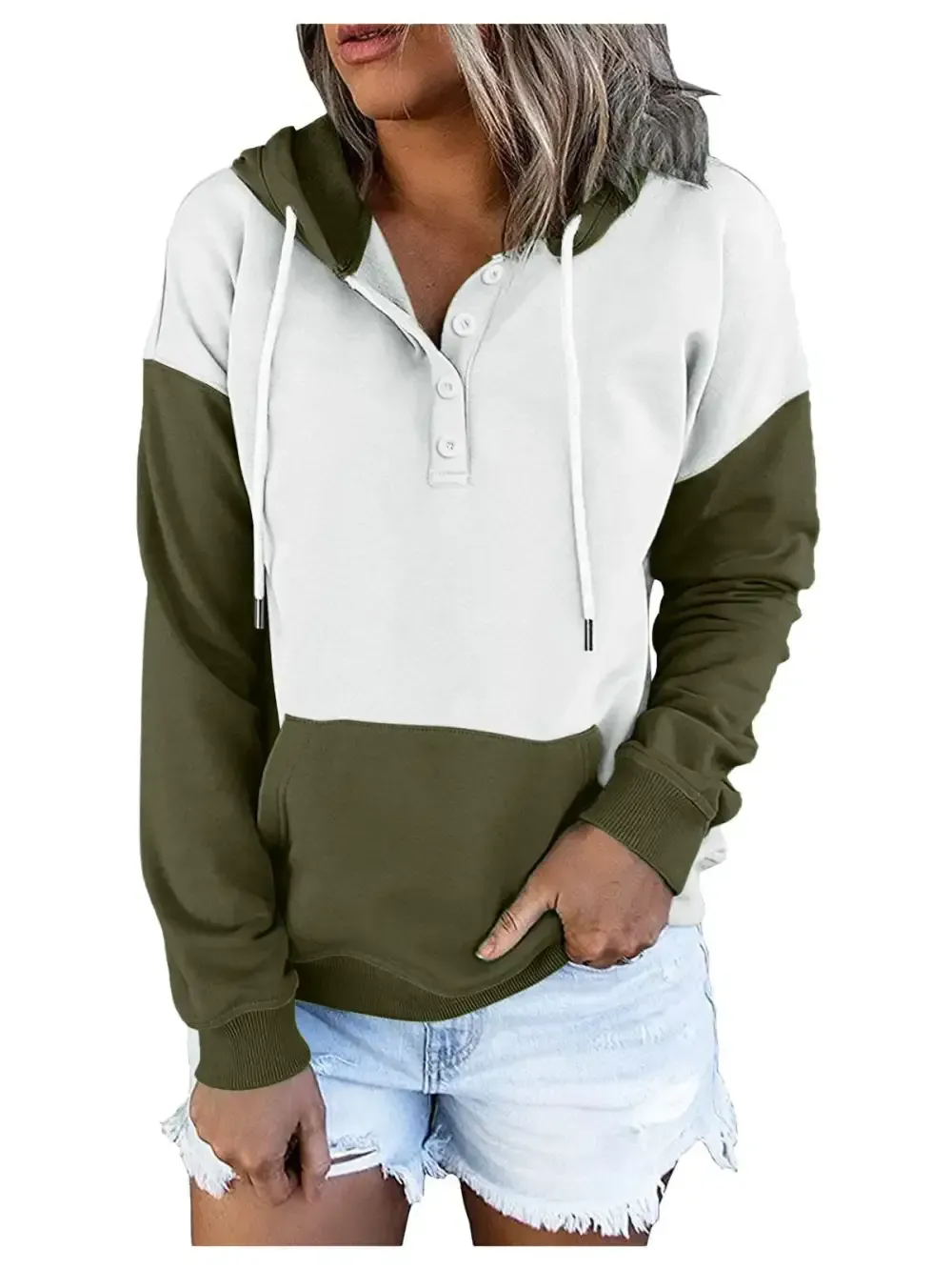 Women's Long sleeves V-neck Colorblock Stitching Hoodid Top