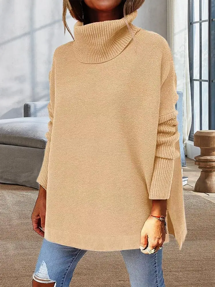 Midi Bat Sleeve Hem Tunic Sweater Knitted In A Turtleneck Sweater