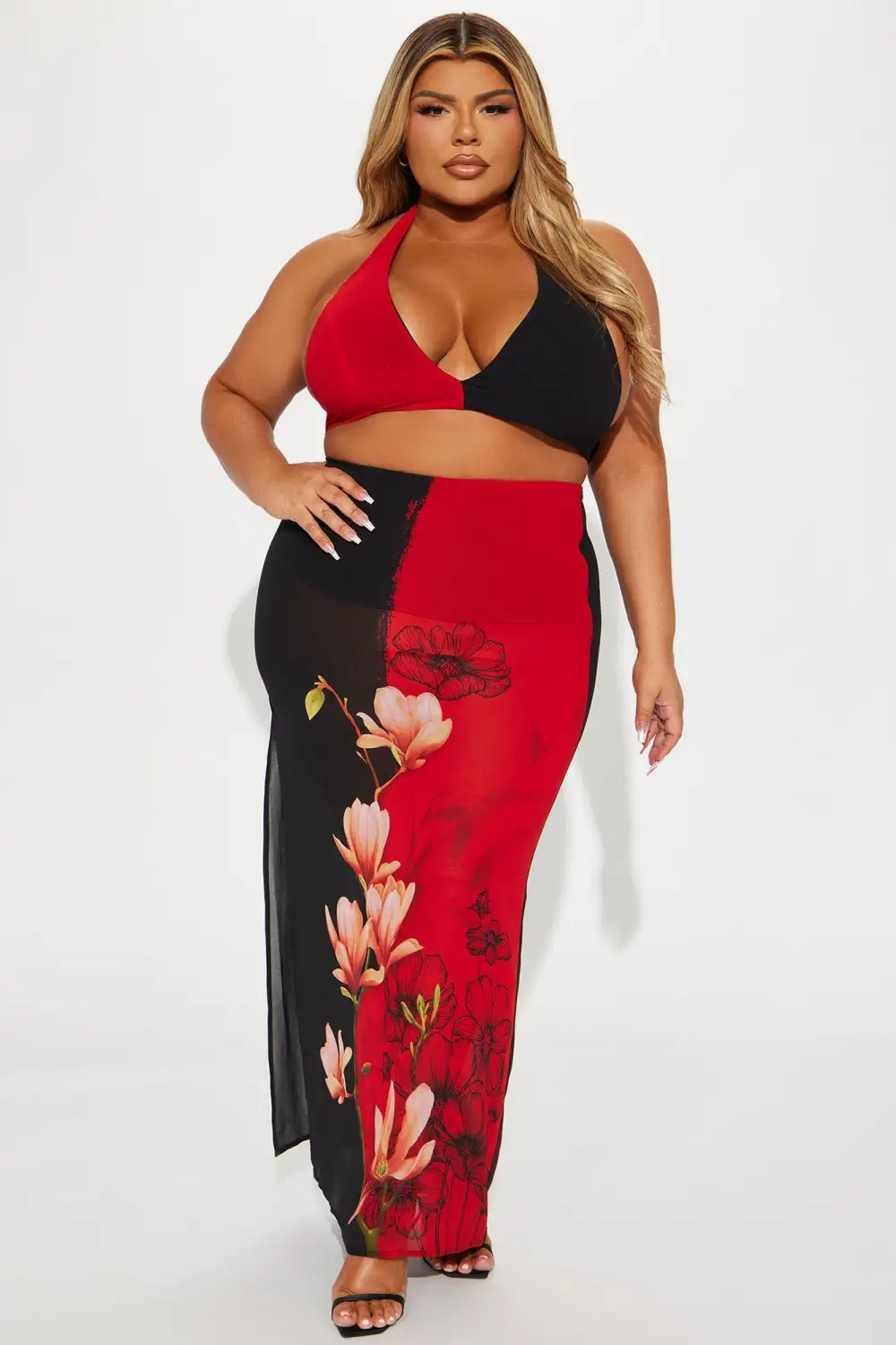 Two Sides Floral Skirt Set - Red/Black