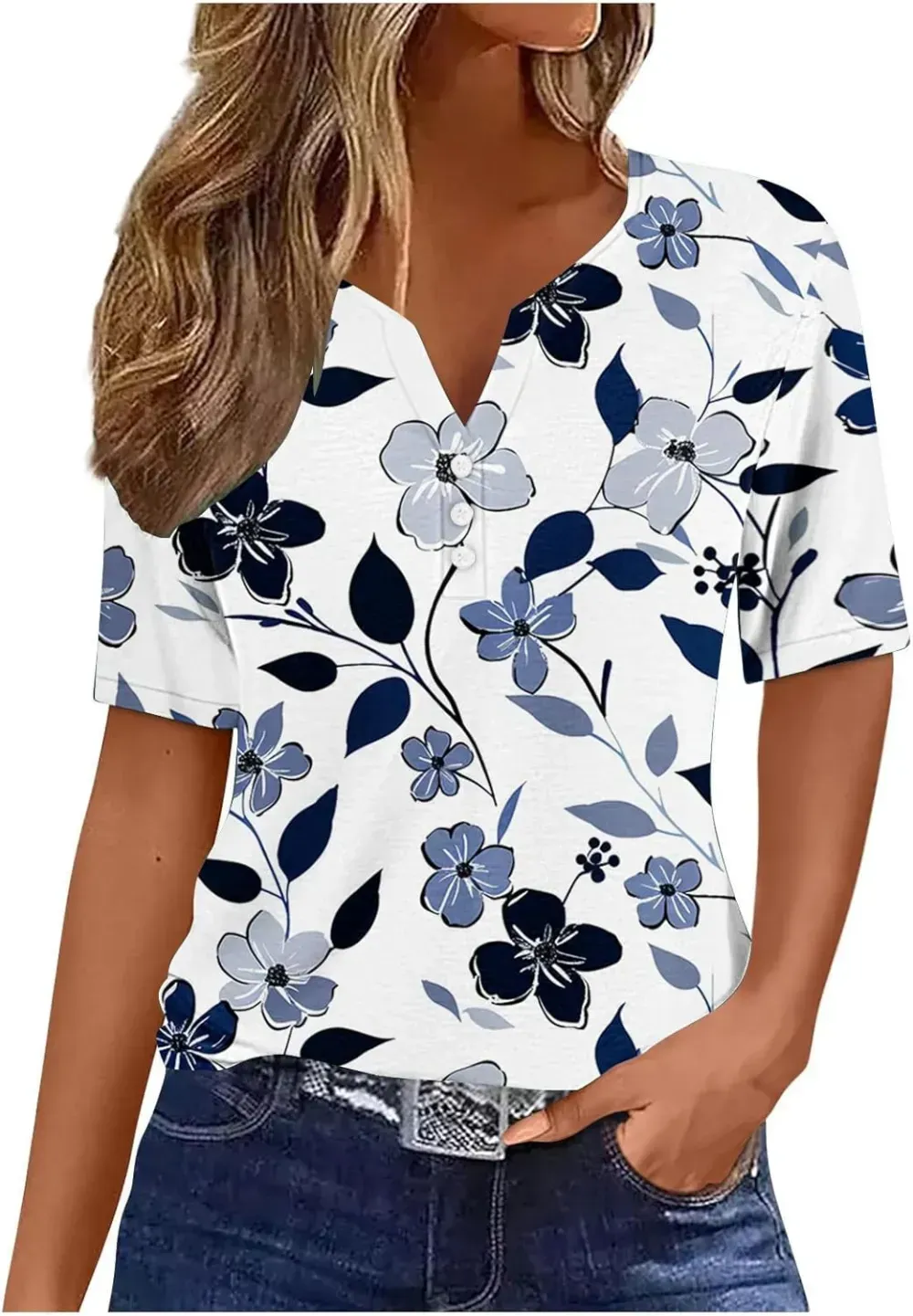 Shirts for Women Casual Printed Summer Tops Short-Sleeved Button V-Neck Tops Blouse Fashion Boho T-Shirts