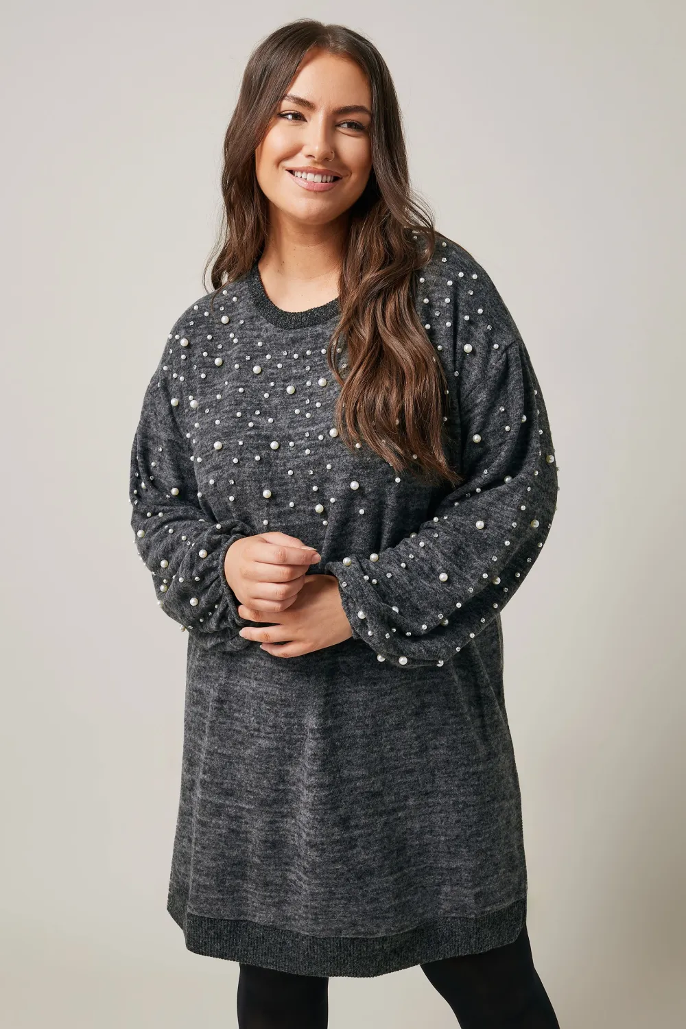 EVANS Curve Grey Pearl Embellished Jumper Dress