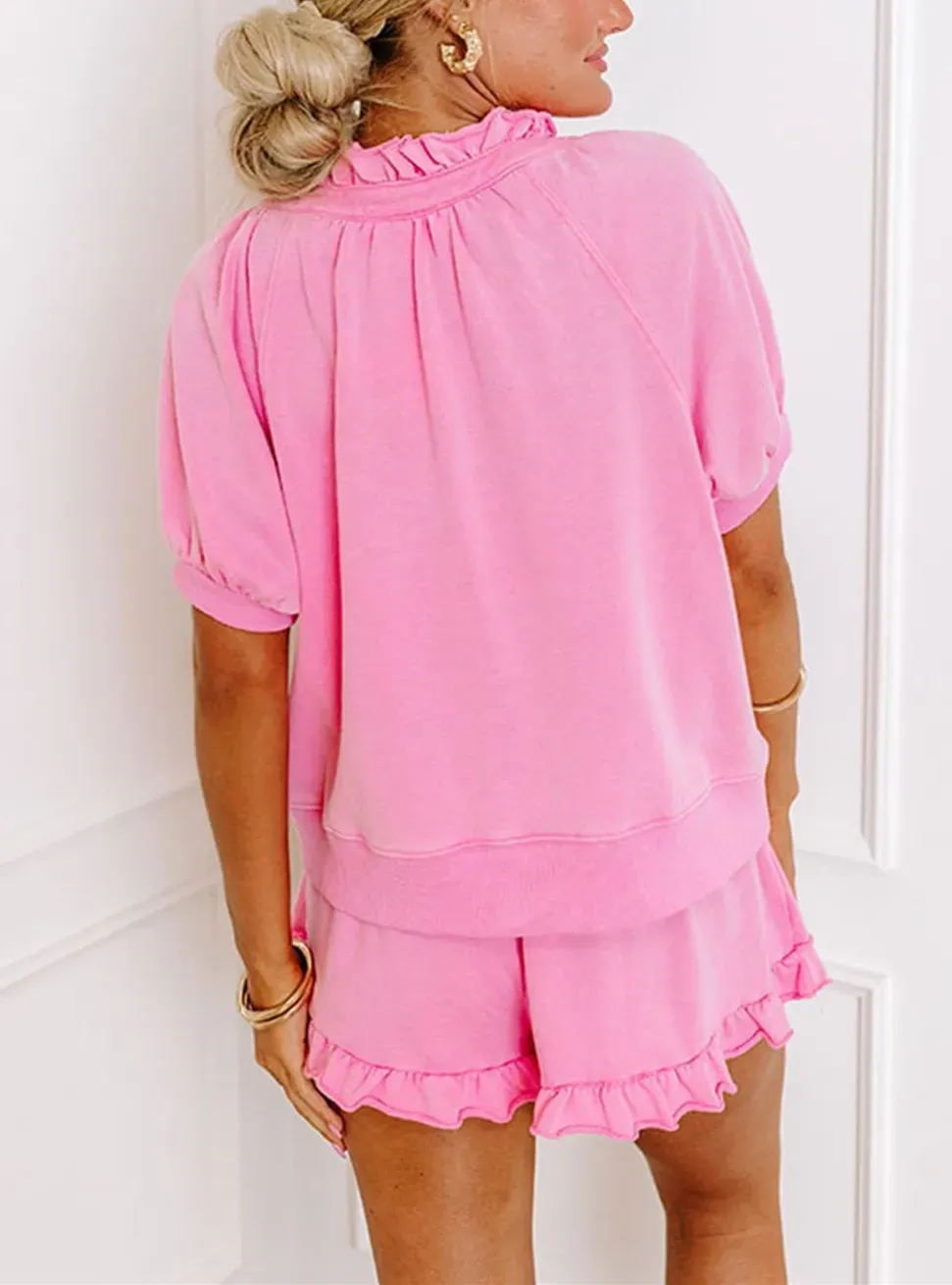 Women'S Casual Half-Zip Top And Ruffle Shorts Set