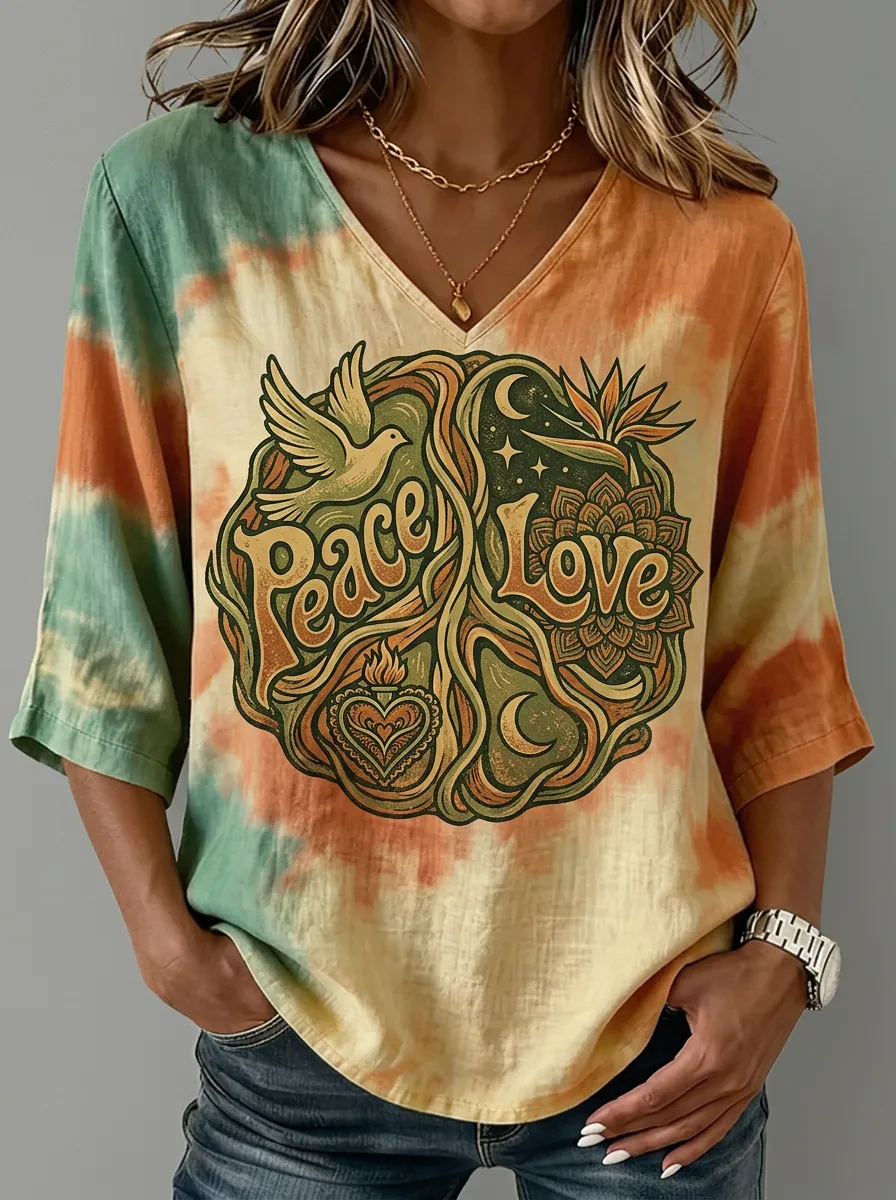 Women's Nashville Peace Love Dove Tie-Dye Printed V-Neck Top