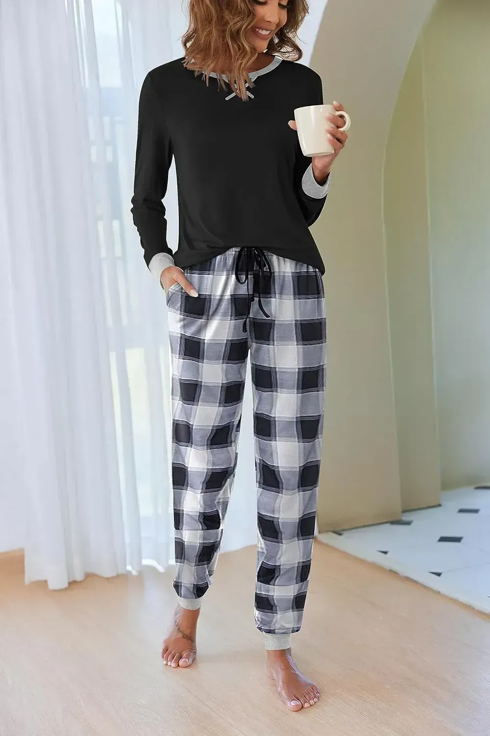 Women's Pajamas Sets Long Sleeve with Plaid Pants Soft Sleepwear O Neck 2 Piece Pjs Joggers Loung Set with Pockets