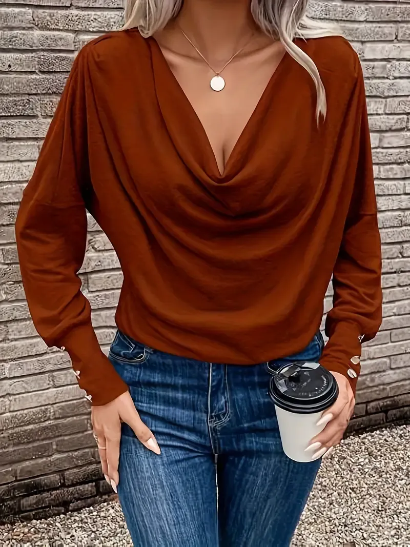 Women'S Elegant Cowl Collar Long Sleeve Knit T-Shirt, Solid Color Polyester 95% Elastane 5% Knit Fabric, Regular Length Spring/Fall Top with Button Detail