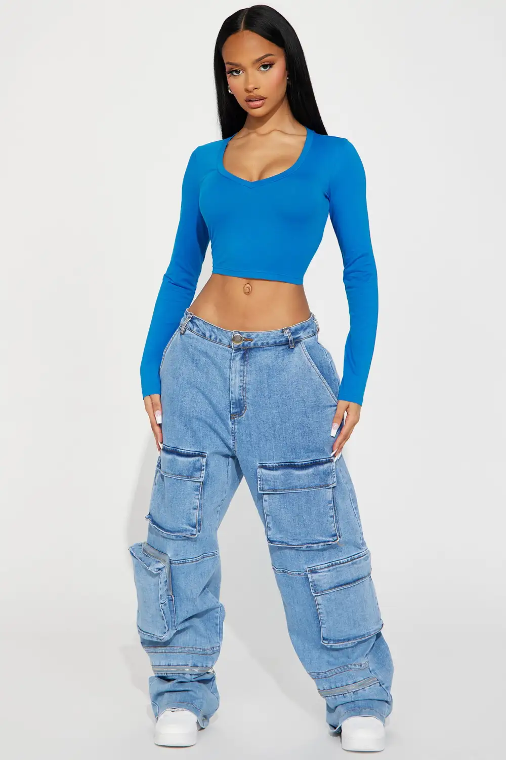 Carly V Neck Crop Long Sleeve Tee - Cobalt