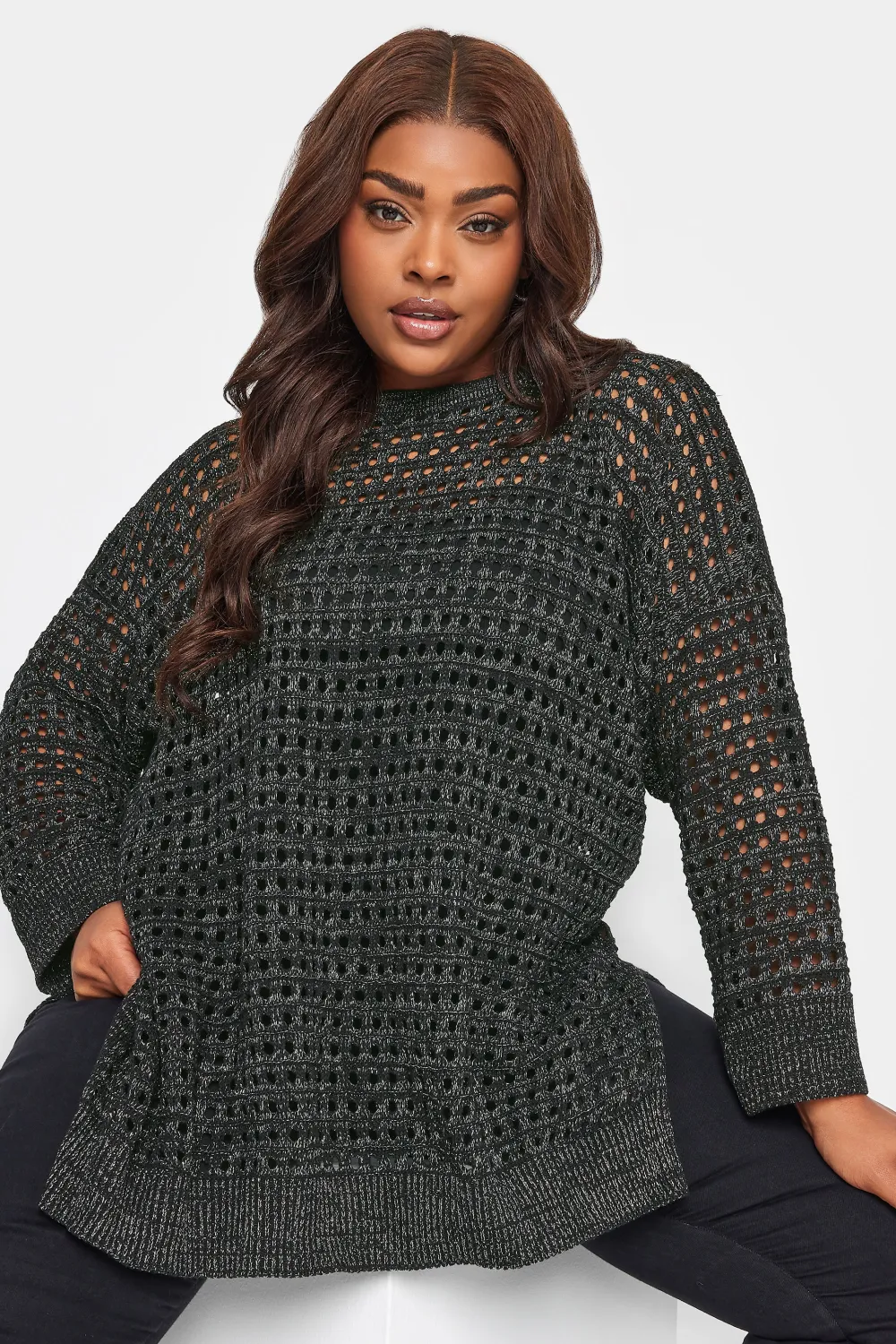 YOURS Curve Black & Silver Side Split Crochet Jumper