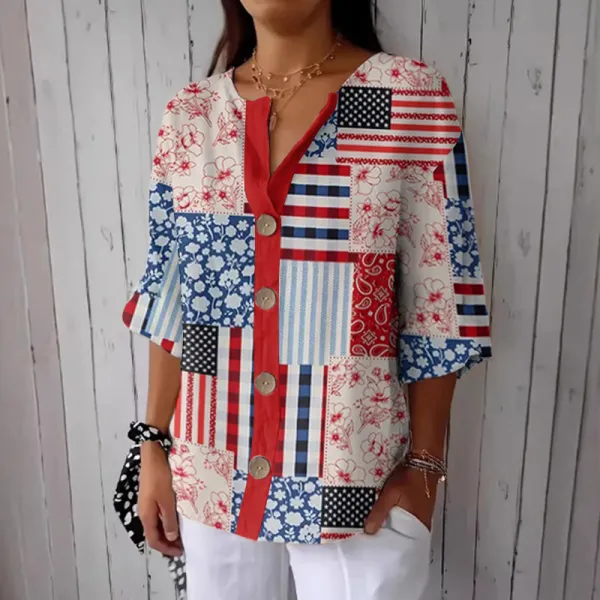 Women's Independence Day American Flag Patch Floral & Paisley Patchwork Line Print Button Linen Blend Shirt