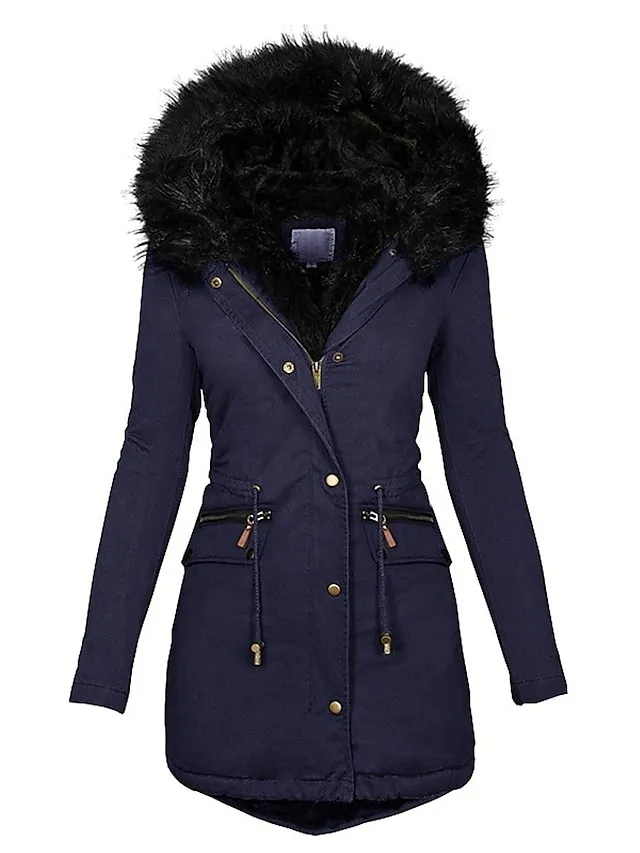 Women's Parka Fleece Puffer Jacket Winter Thicken Coat Warm Windproof Outerwear with Fur Collar Drawstring Zip up Stylish Casual Street Jacket with Pockets Long Sleeve Black Army Green Navy Blue