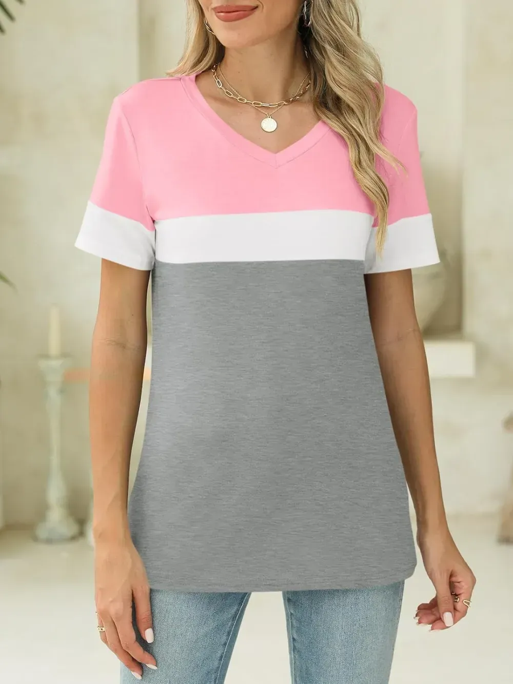 ORANDESIGNE Women's Color Block Short Sleeve T Shirts Casual V Neck Summer Tops Tees Loose Fit Blouses