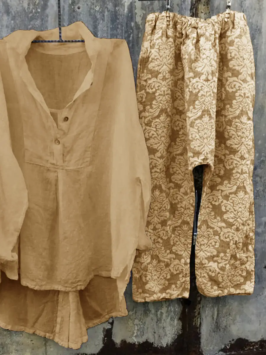 Women's Lapel Top And Printed Pants Set