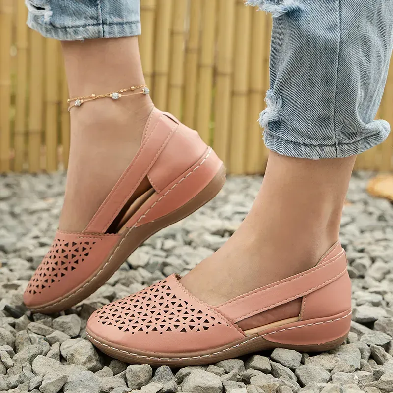 Women's Hollow Out Flat Sandals, Solid Color Cut-out Closed Toe Slip On Shoes, Casual Faux Leather Shoes