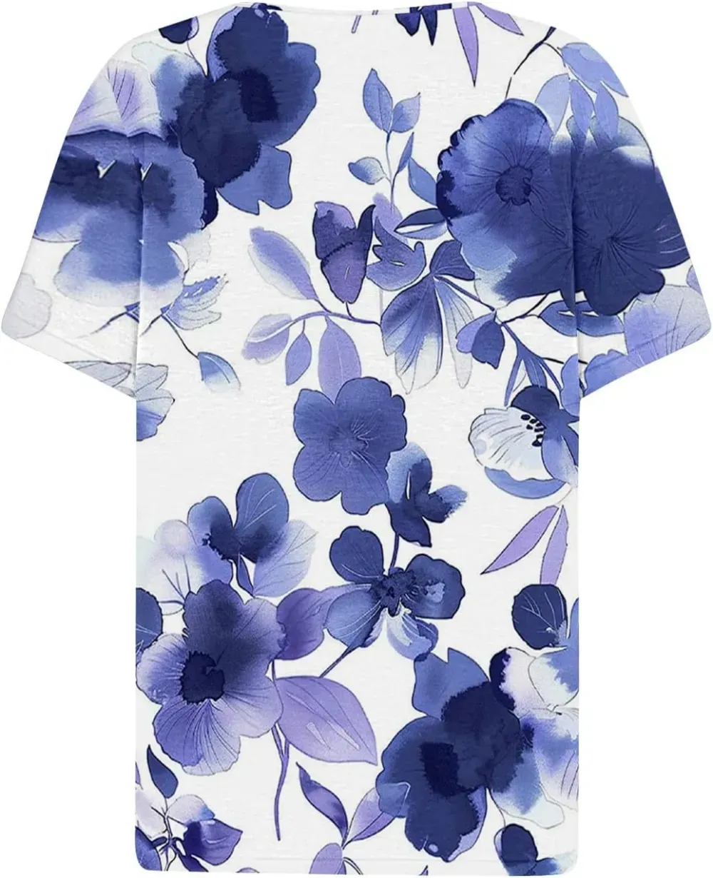 Shirts for Women Casual Printed Summer Tops Short-Sleeved Button V-Neck Tops Blouse Fashion Boho T-Shirts