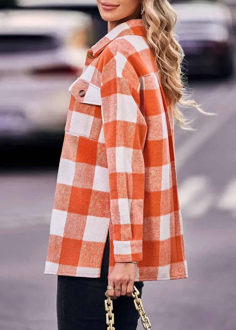 Women's 2023 Fall Clothes Plaid Shacket Jacket Long Sleeve Button Down Flannel Shirts Fashion Blouse