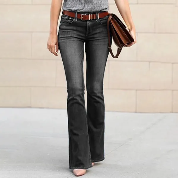 Women‘s Flare Jeans Bell Bottom Pants Trousers Full Length Denim Micro-elastic Mid Waist Basic Trousers Work Daily Black Dark Blue S M Spring, Fall, Winter, Summer