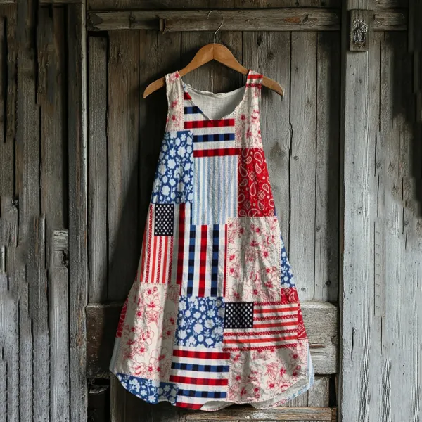 Vintage Independence Day American Flag Patch Floral & Paisley Art Linen Tank Dress