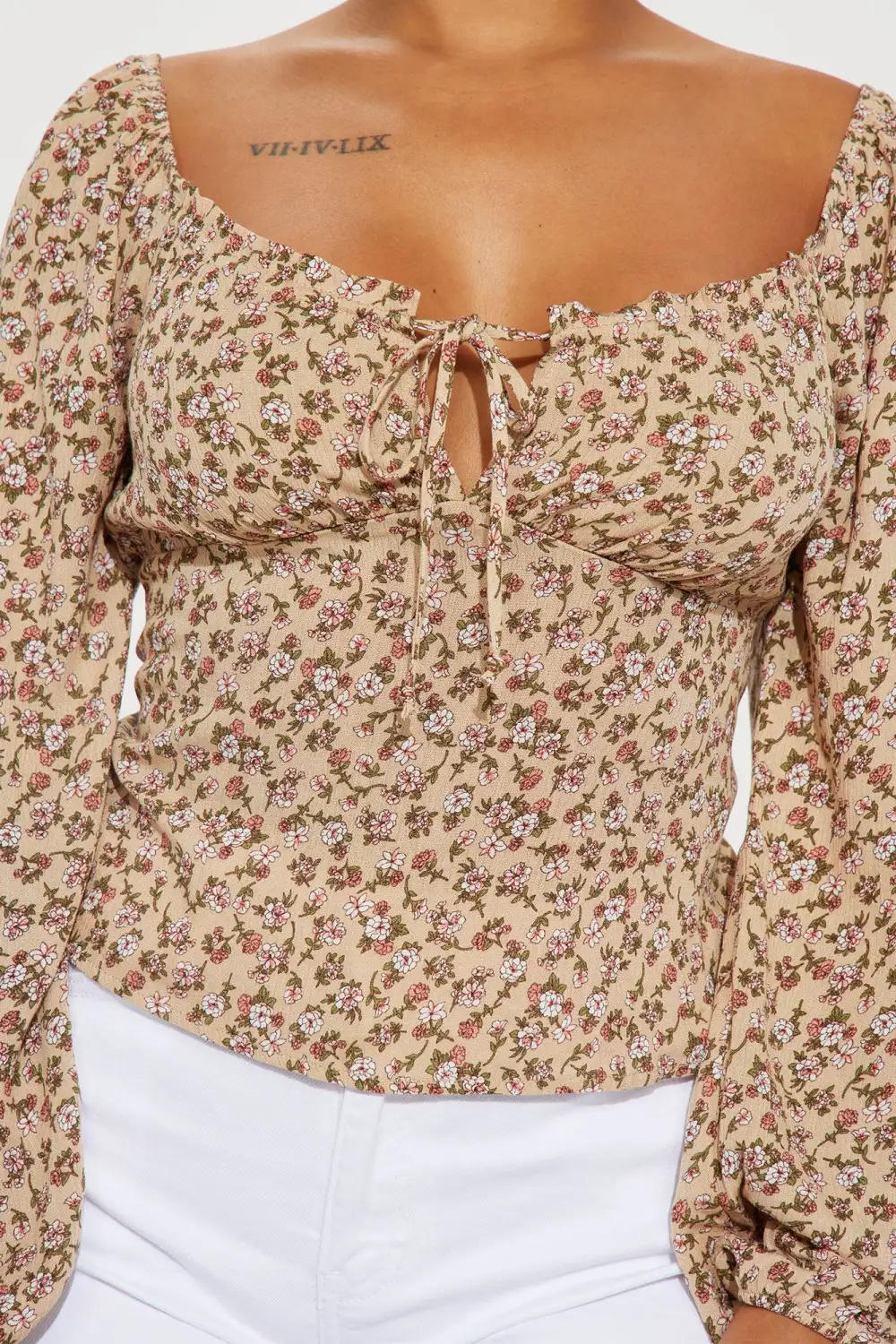 Sheba Floral Blouse Top - Taupe/combo
