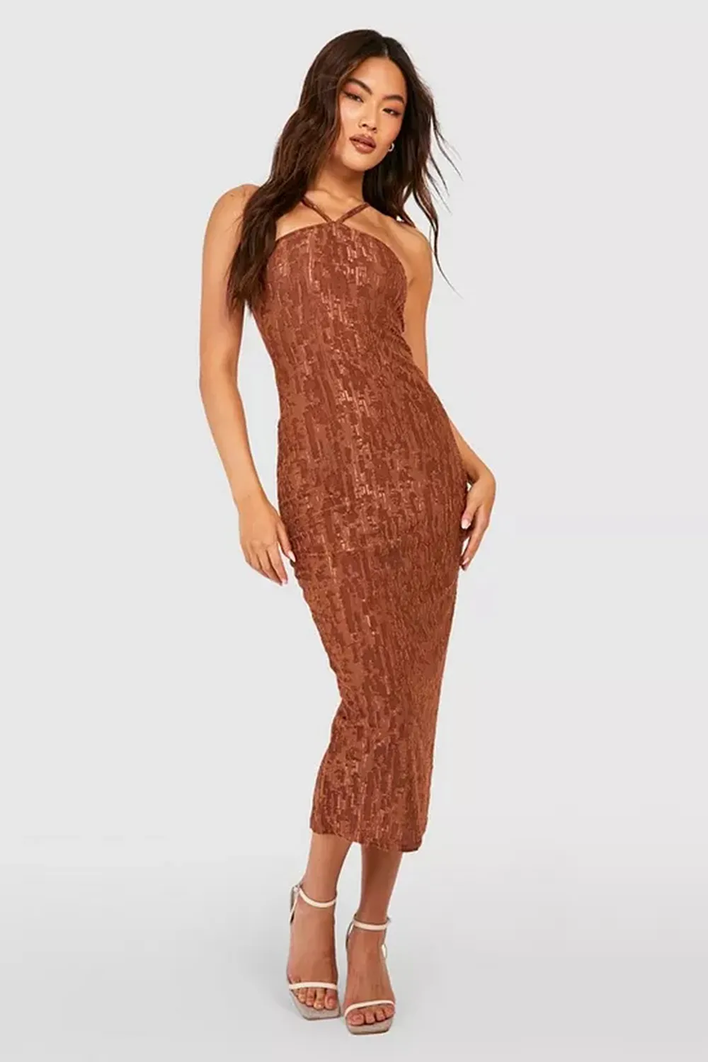 JAQUARD TEXTURED HALTERNECK MIDAXI DRESS