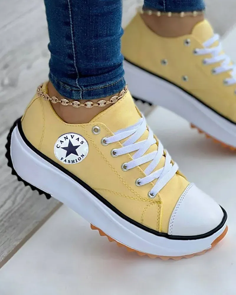Eyelet Lace-up Flatform Canvas Shoes