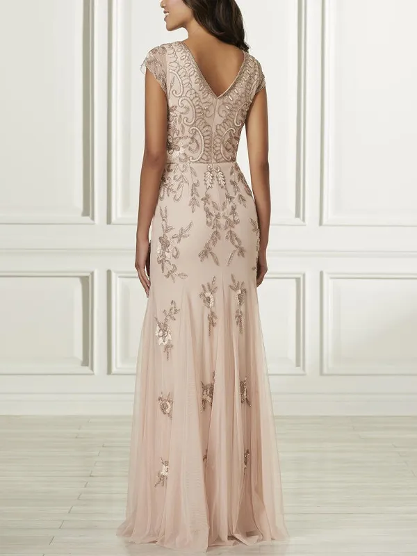 V-neck short-sleeved mesh sequin maxi dress