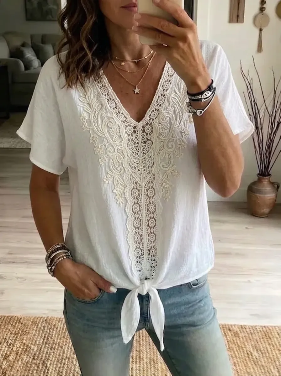 Women's Nashville Boho Lace Trimmed Tie Front V-Neck Top