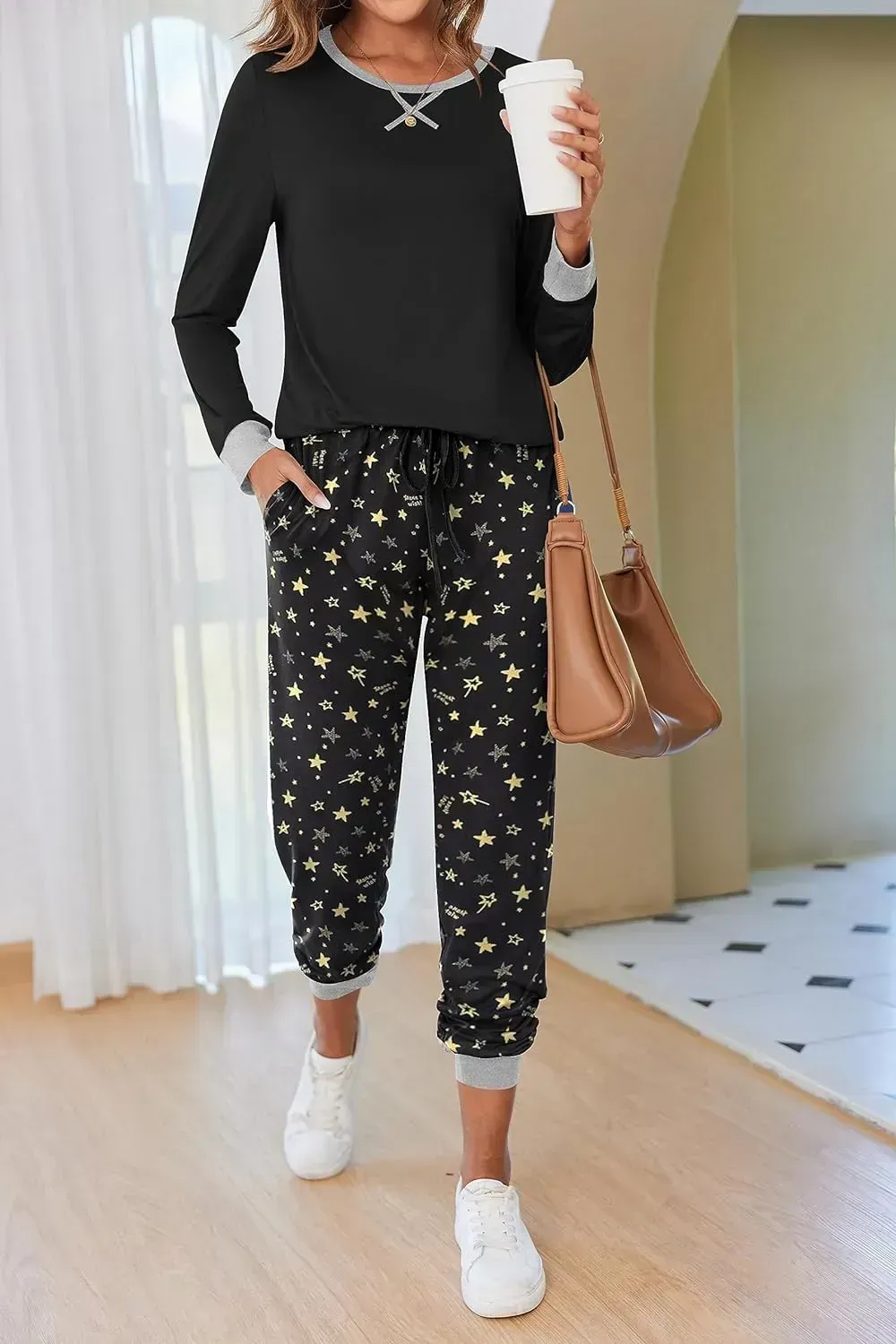 Women's Pajamas Sets Long Sleeve with Plaid Pants Soft Sleepwear O Neck 2 Piece Pjs Joggers Loung Set with Pockets