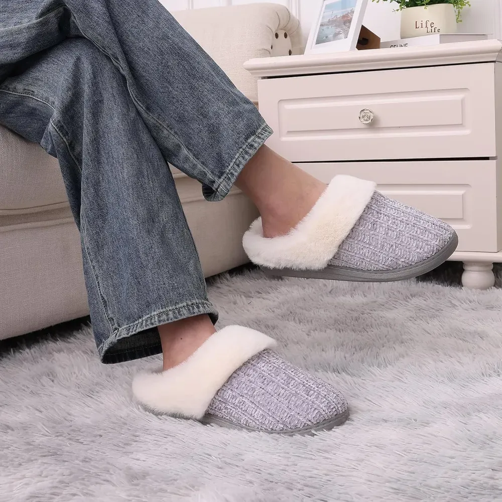 Warm Knit House Slippers for Women Comfy Wool-Like Lined Chenille Slippers with Memory Foam and Indoor Outdoor Soles