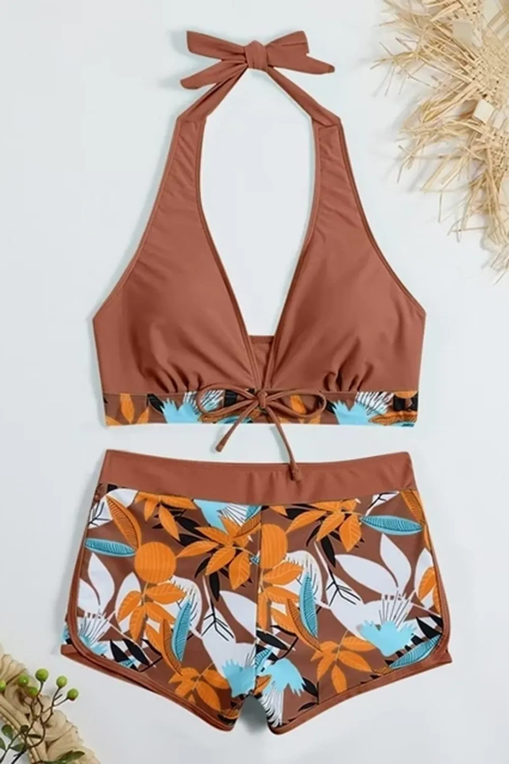 Sexy padded printed high-waisted patchwork swim trunks set
