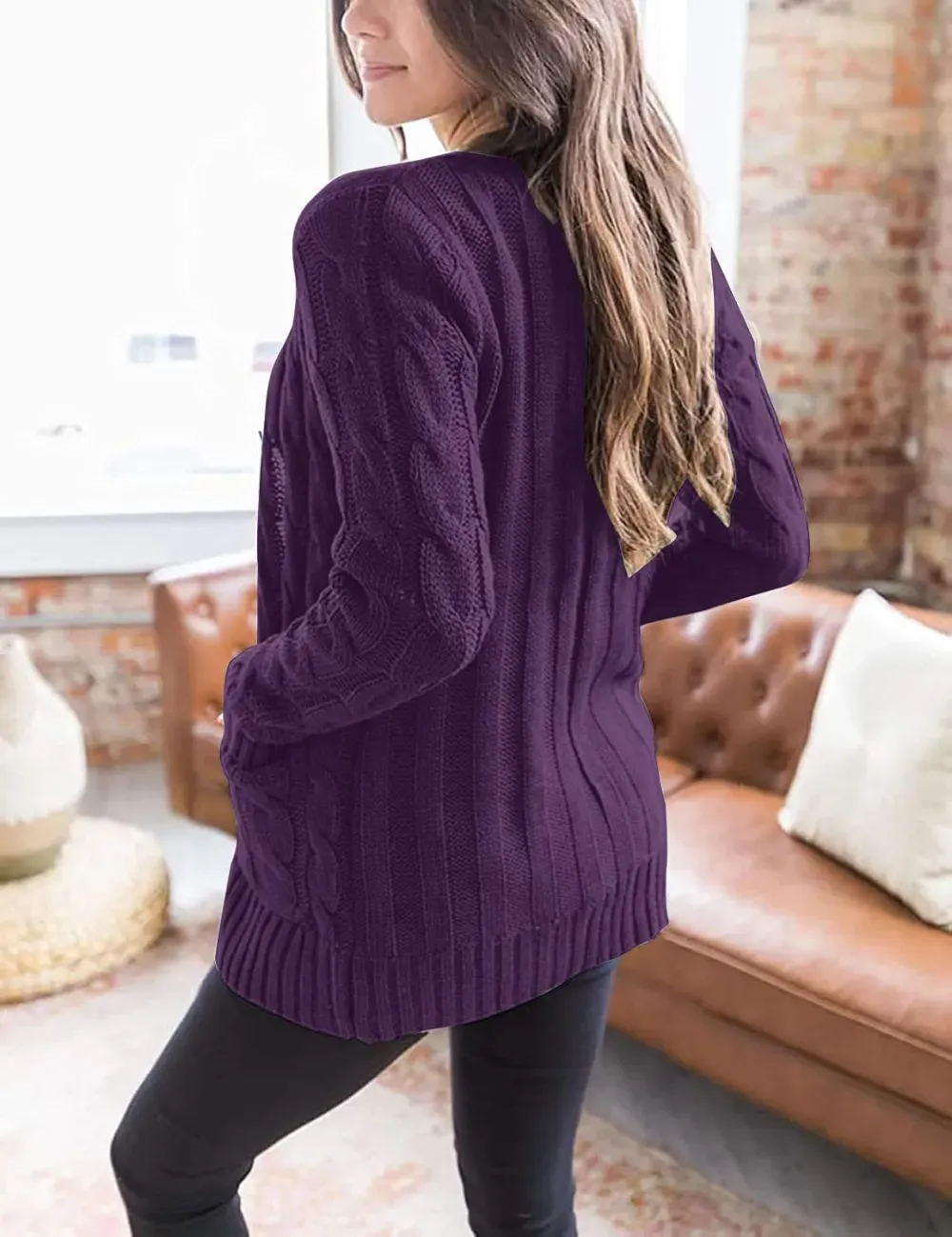 MEROKEETY Women's 2024 Fall Long Sleeve Cable Knit Sweater Open Front Cardigan Button Loose Outerwear